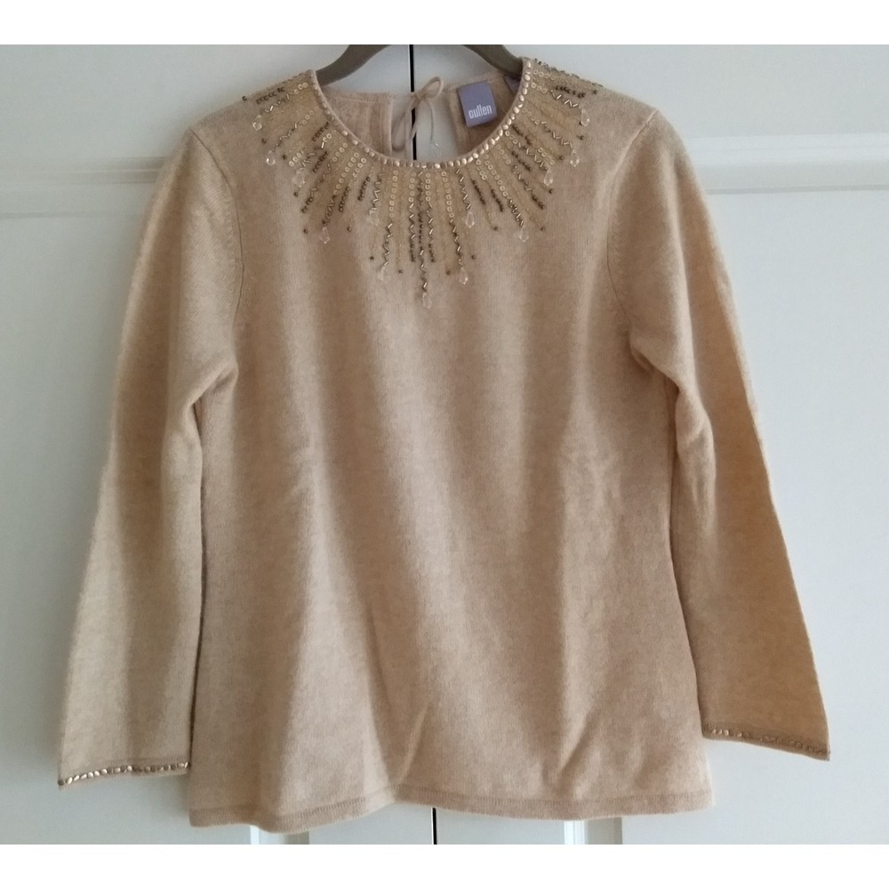 Cullen 100% Cashmere Sweater Studded Beaded Womens S Pale Wheat Keyhole Back